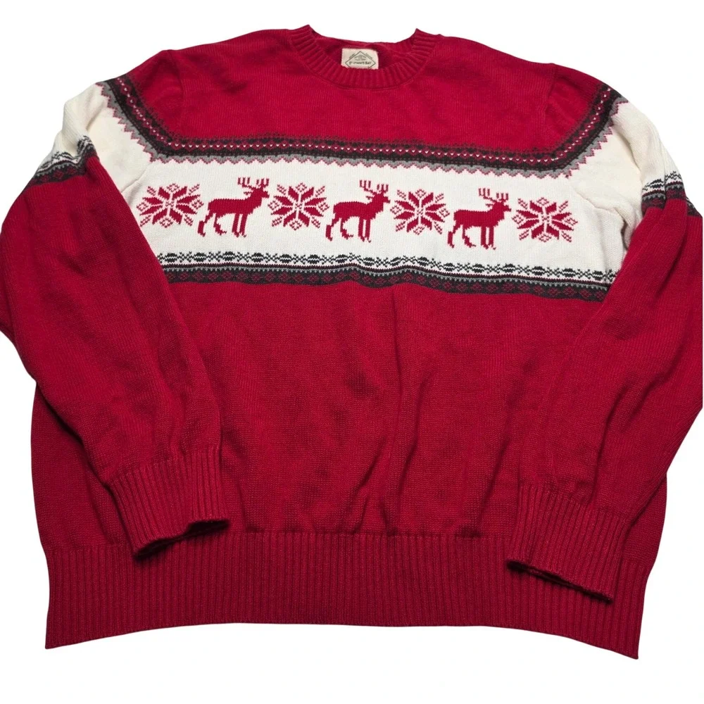 St Johns Bay Mens XL Red Reindeer Fair Isle Cotton Crewneck Sweater Holiday